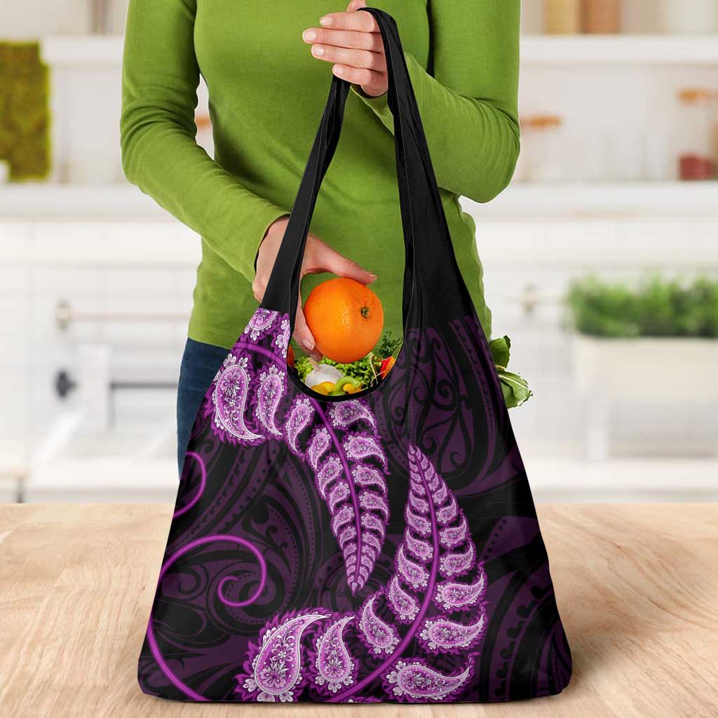 Purple New Zealand Paisley Silver Fern Grocery Bag Aotearoa Maori