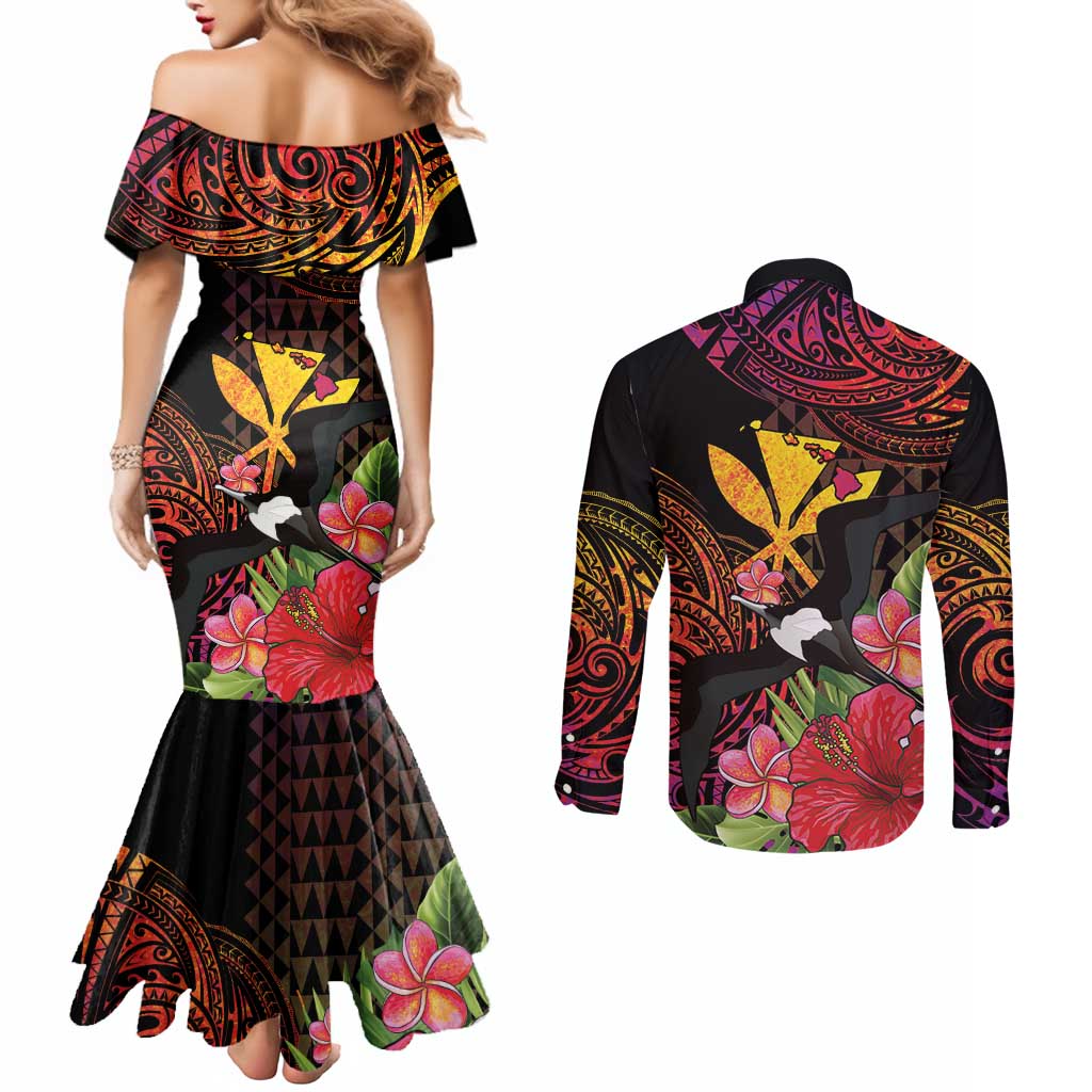 Hawaii Iwa Bird Couples Matching Mermaid Dress and Long Sleeve Button Shirt Great Frigatebird Kanaka Tropical Hippie Style LT14 - Polynesian Pride