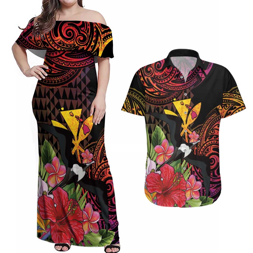 Hawaii Iwa Bird Couples Matching Off Shoulder Maxi Dress and Hawaiian Shirt Great Frigatebird Kanaka Tropical Hippie Style LT14 Black - Polynesian Pride