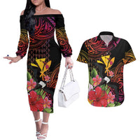 Hawaii Iwa Bird Couples Matching Off The Shoulder Long Sleeve Dress and Hawaiian Shirt Great Frigatebird Kanaka Tropical Hippie Style LT14 Black - Polynesian Pride