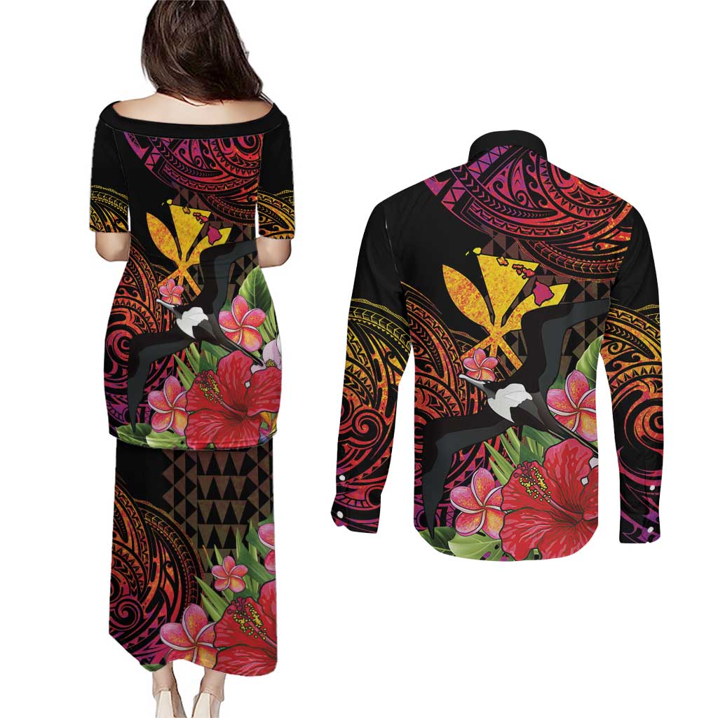 Hawaii Iwa Bird Couples Matching Puletasi and Long Sleeve Button Shirt Great Frigatebird Kanaka Tropical Hippie Style - Polynesian Pride