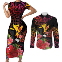 Hawaii Iwa Bird Couples Matching Short Sleeve Bodycon Dress and Long Sleeve Button Shirt Great Frigatebird Kanaka Tropical Hippie Style LT14 Black - Polynesian Pride