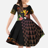 Hawaii Iwa Bird Family Matching Off The Shoulder Long Sleeve Dress and Hawaiian Shirt Great Frigatebird Kanaka Tropical Hippie Style LT14 Daughter's Dress Black - Polynesian Pride