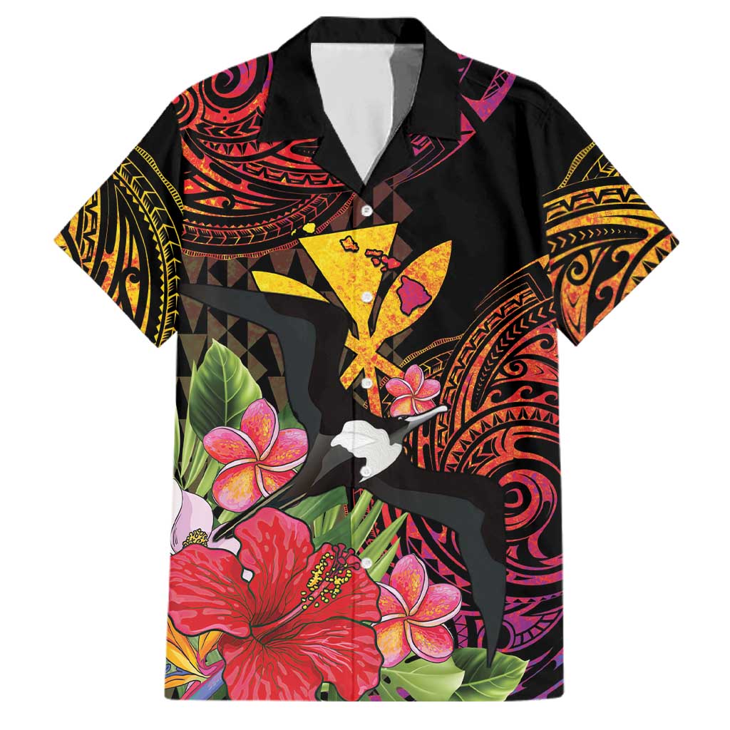 Hawaii Iwa Bird Family Matching Off Shoulder Maxi Dress and Hawaiian Shirt Great Frigatebird Kanaka Tropical Hippie Style LT14 Dad's Shirt - Short Sleeve Black - Polynesian Pride