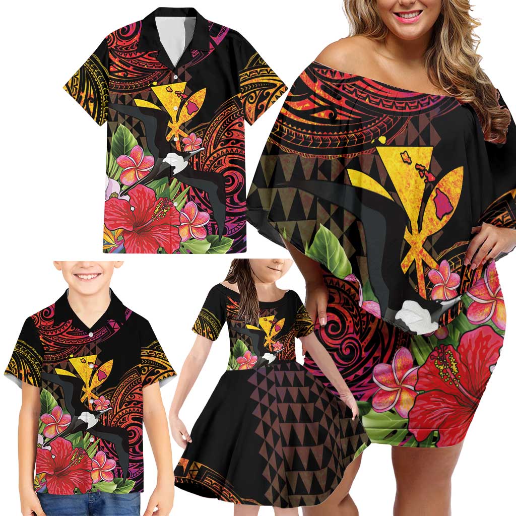Hawaii Iwa Bird Family Matching Off Shoulder Short Dress and Hawaiian Shirt Great Frigatebird Kanaka Tropical Hippie Style LT14 - Polynesian Pride