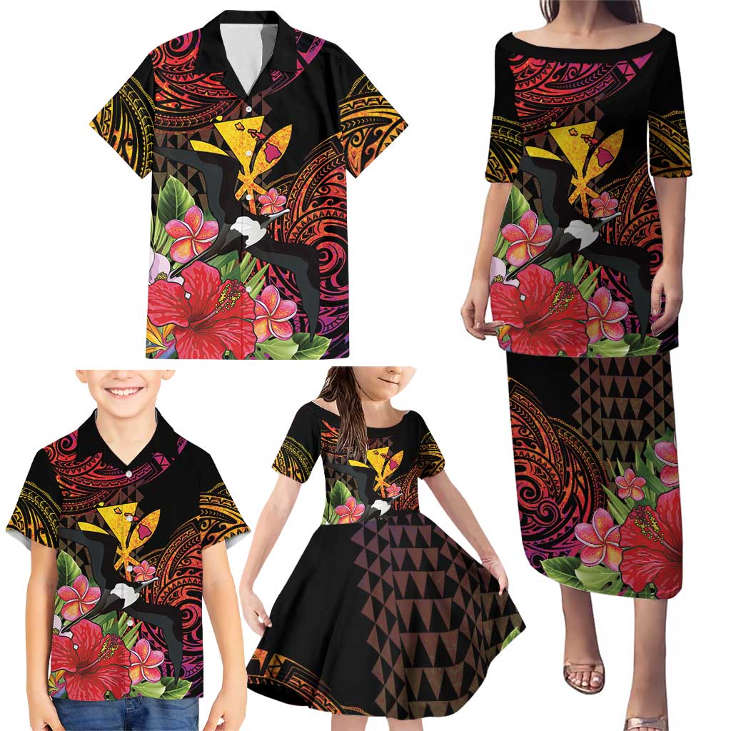 Hawaii Iwa Bird Family Matching Puletasi and Hawaiian Shirt Great Frigatebird Kanaka Tropical Hippie Style - Polynesian Pride