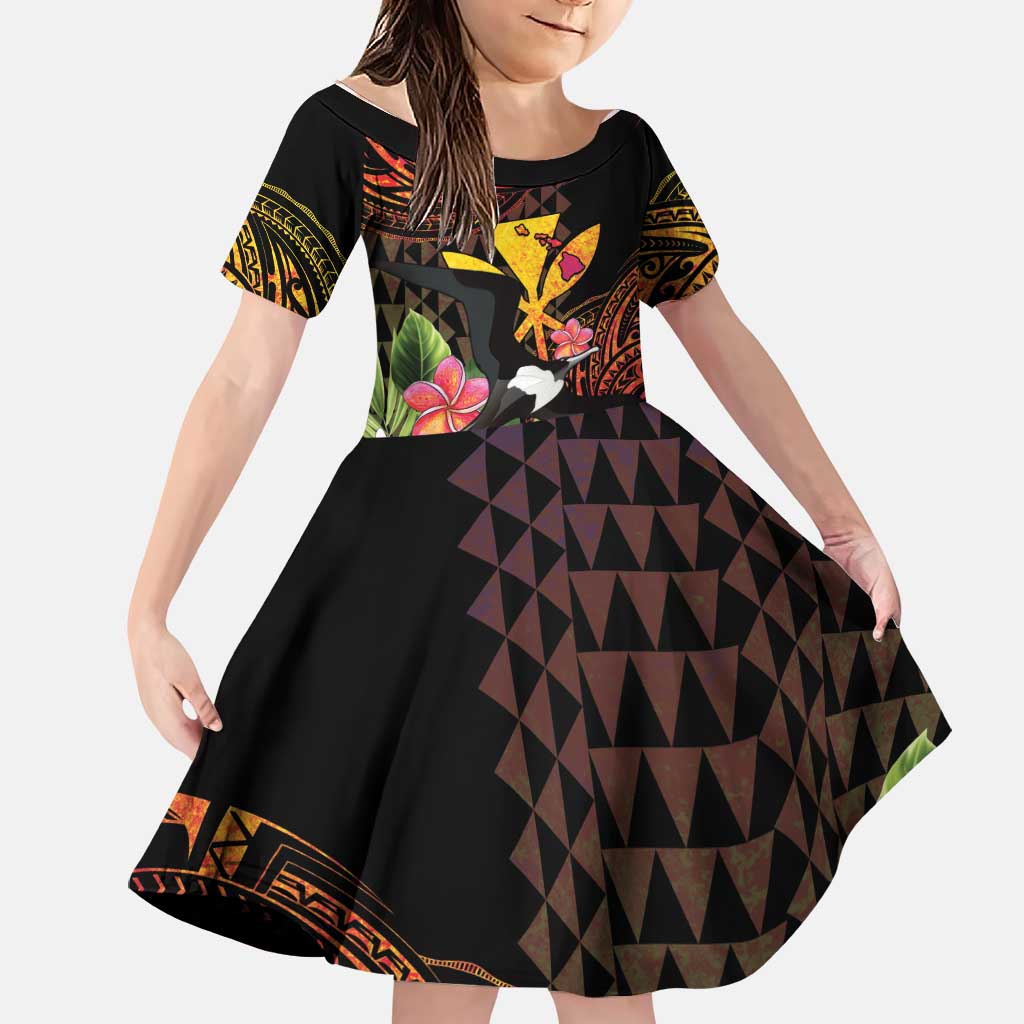 Hawaii Iwa Bird Family Matching Summer Maxi Dress and Hawaiian Shirt Great Frigatebird Kanaka Tropical Hippie Style LT14 Daughter's Dress Black - Polynesian Pride