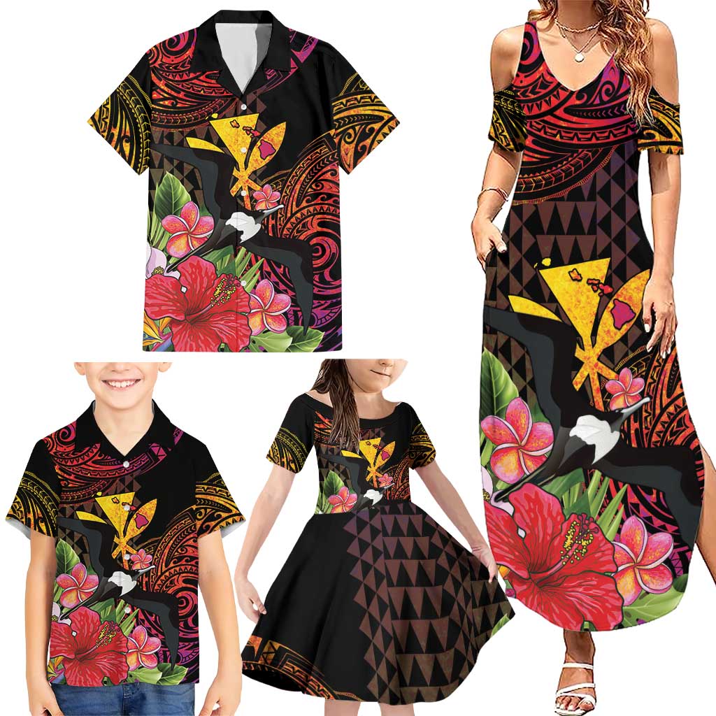 Hawaii Iwa Bird Family Matching Summer Maxi Dress and Hawaiian Shirt Great Frigatebird Kanaka Tropical Hippie Style LT14 - Polynesian Pride