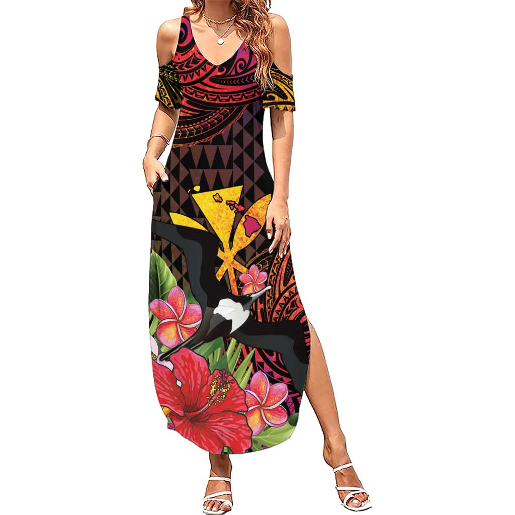Hawaii Iwa Bird Family Matching Summer Maxi Dress and Hawaiian Shirt Great Frigatebird Kanaka Tropical Hippie Style LT14 Mom's Dress Black - Polynesian Pride