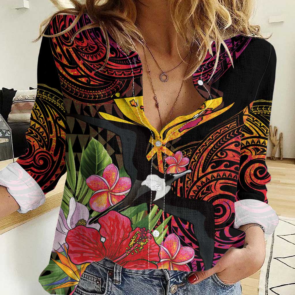 Hawaii Iwa Bird Women Casual Shirt Great Frigatebird Kanaka Tropical Hippie Style LT14 Female Black - Polynesian Pride