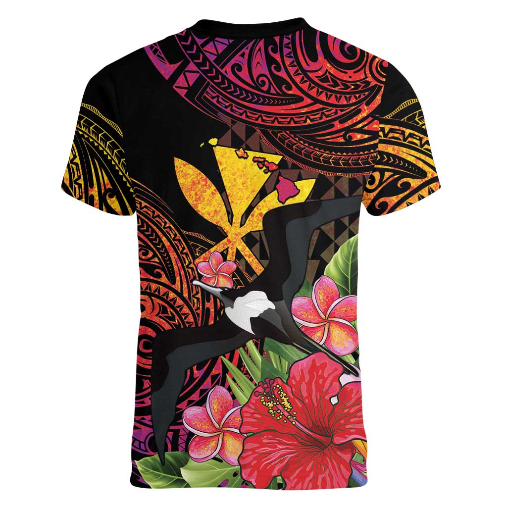 Hawaii Iwa Bird Women V-Neck T-Shirt Great Frigatebird Kanaka Tropical Hippie Style LT14 - Polynesian Pride