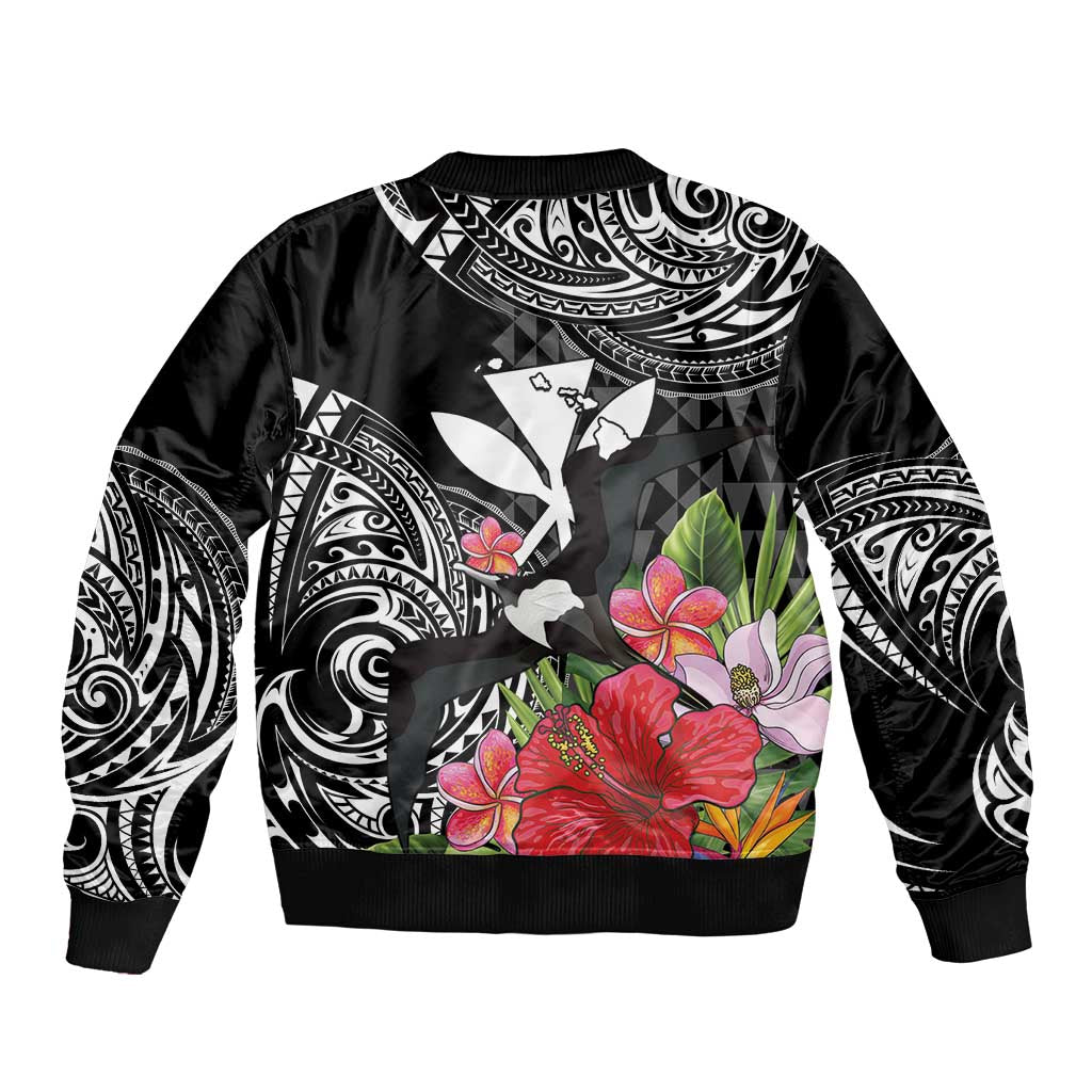 Hawaii Iwa Bird Bomber Jacket Great Frigatebird Kanaka Tropical Flowers - Polynesian Pride