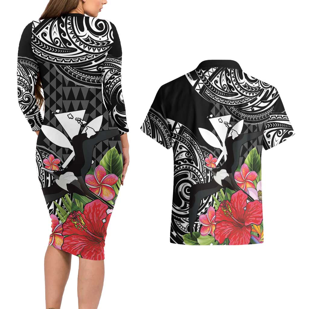 Hawaii Iwa Bird Couples Matching Long Sleeve Bodycon Dress and Hawaiian Shirt Great Frigatebird Kanaka Tropical Flowers LT14 - Polynesian Pride