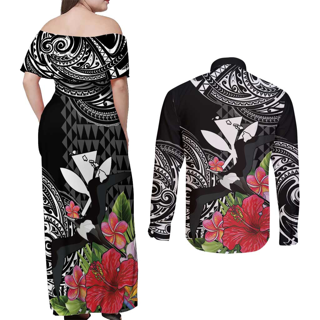 Hawaii Iwa Bird Couples Matching Off Shoulder Maxi Dress and Long Sleeve Button Shirt Great Frigatebird Kanaka Tropical Flowers LT14 - Polynesian Pride