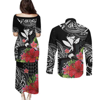 Hawaii Iwa Bird Couples Matching Puletasi and Long Sleeve Button Shirt Great Frigatebird Kanaka Tropical Flowers - Polynesian Pride