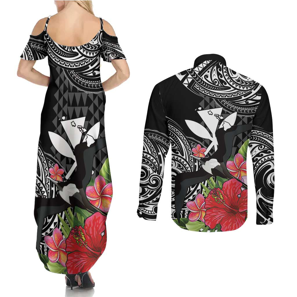 Hawaii Iwa Bird Couples Matching Summer Maxi Dress and Long Sleeve Button Shirt Great Frigatebird Kanaka Tropical Flowers LT14 - Polynesian Pride