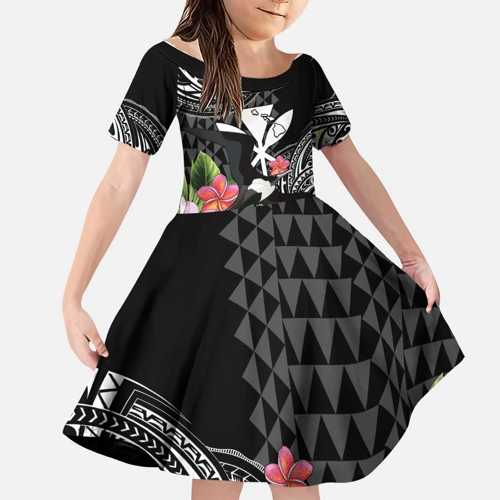 Hawaii Iwa Bird Family Matching Long Sleeve Bodycon Dress and Hawaiian Shirt Great Frigatebird Kanaka Tropical Flowers LT14 Daughter's Dress Black - Polynesian Pride