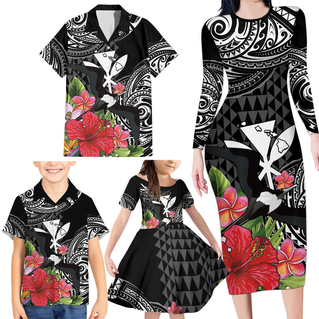 Hawaii Iwa Bird Family Matching Long Sleeve Bodycon Dress and Hawaiian Shirt Great Frigatebird Kanaka Tropical Flowers - Polynesian Pride