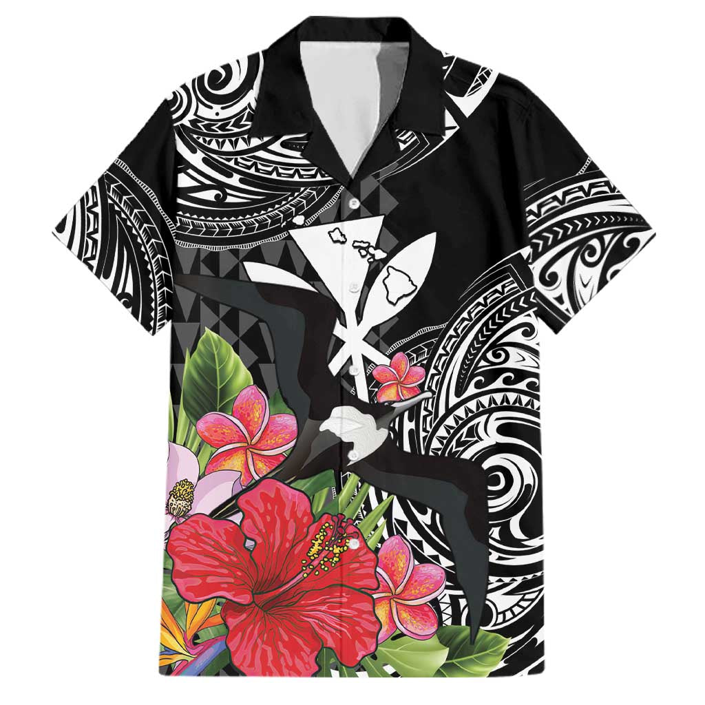 Hawaii Iwa Bird Family Matching Off Shoulder Maxi Dress and Hawaiian Shirt Great Frigatebird Kanaka Tropical Flowers LT14 Dad's Shirt - Short Sleeve Black - Polynesian Pride