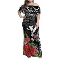 Hawaii Iwa Bird Family Matching Off Shoulder Maxi Dress and Hawaiian Shirt Great Frigatebird Kanaka Tropical Flowers LT14 Mom's Dress Black - Polynesian Pride
