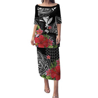 Hawaii Iwa Bird Family Matching Puletasi and Hawaiian Shirt Great Frigatebird Kanaka Tropical Flowers LT14 Mom's Dress Black - Polynesian Pride