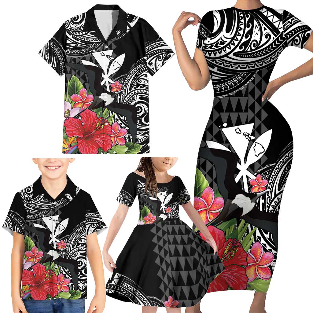 Hawaii Iwa Bird Family Matching Short Sleeve Bodycon Dress and Hawaiian Shirt Great Frigatebird Kanaka Tropical Flowers - Polynesian Pride