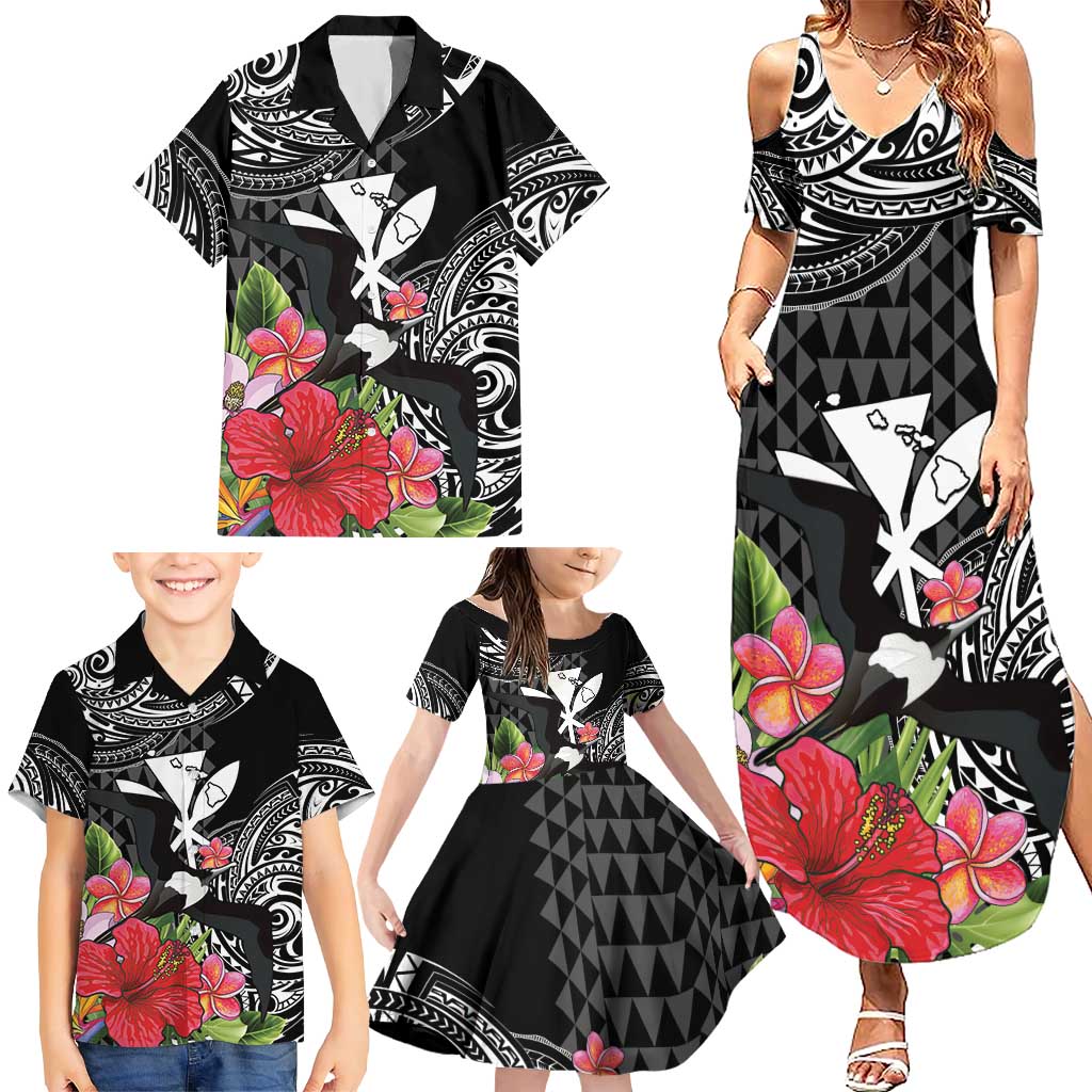 Hawaii Iwa Bird Family Matching Summer Maxi Dress and Hawaiian Shirt Great Frigatebird Kanaka Tropical Flowers LT14 - Polynesian Pride