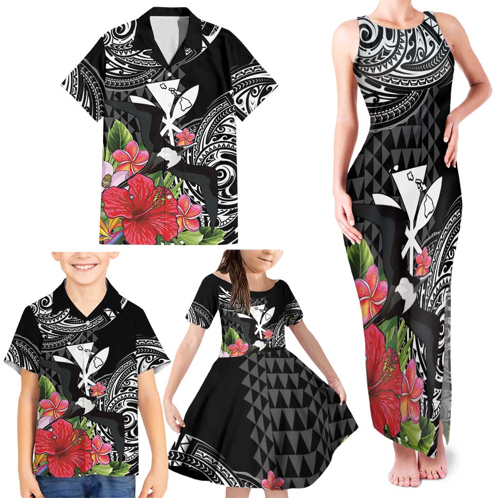 Hawaii Iwa Bird Family Matching Tank Maxi Dress and Hawaiian Shirt Great Frigatebird Kanaka Tropical Flowers LT14 - Polynesian Pride