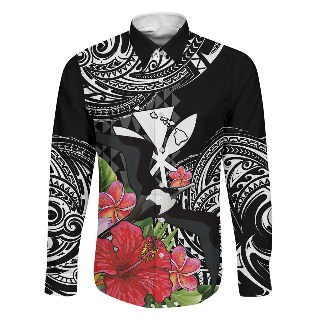 Hawaii Iwa Bird Family Matching Tank Maxi Dress and Hawaiian Shirt Great Frigatebird Kanaka Tropical Flowers LT14 Dad's Shirt - Long Sleeve Black - Polynesian Pride