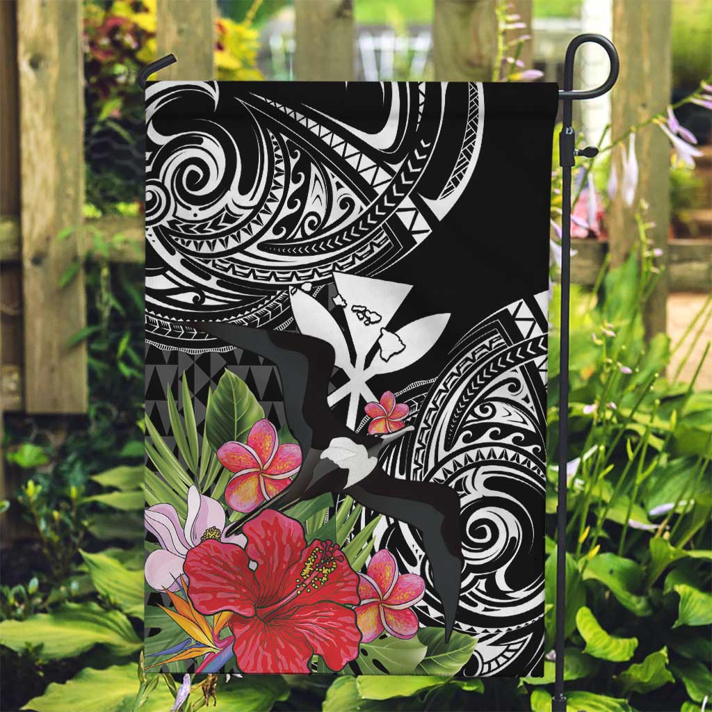 Hawaii Iwa Bird Garden Flag Great Frigatebird Kanaka Tropical Flowers LT14 Garden Flag Black - Polynesian Pride