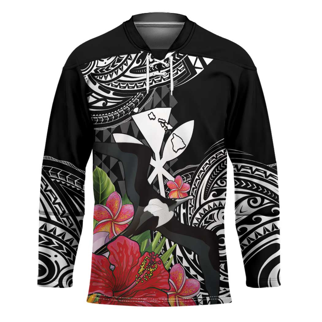 Hawaii Iwa Bird Hockey Jersey Great Frigatebird Kanaka Tropical Flowers - Polynesian Pride