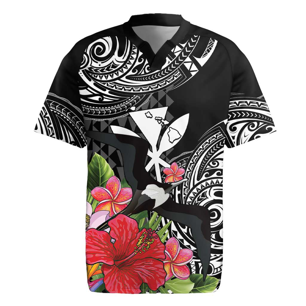 Hawaii Iwa Bird Rugby Jersey Great Frigatebird Kanaka Tropical Flowers - Polynesian Pride