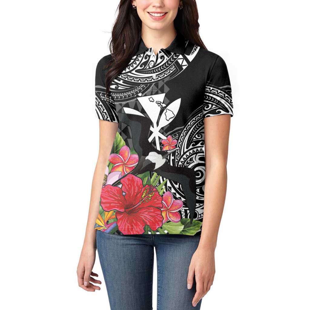 Hawaii Iwa Bird Women Polo Shirt Great Frigatebird Kanaka Tropical Flowers LT14 - Polynesian Pride