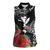 Hawaii Iwa Bird Women Sleeveless Polo Shirt Great Frigatebird Kanaka Tropical Flowers LT14 Female Black - Polynesian Pride