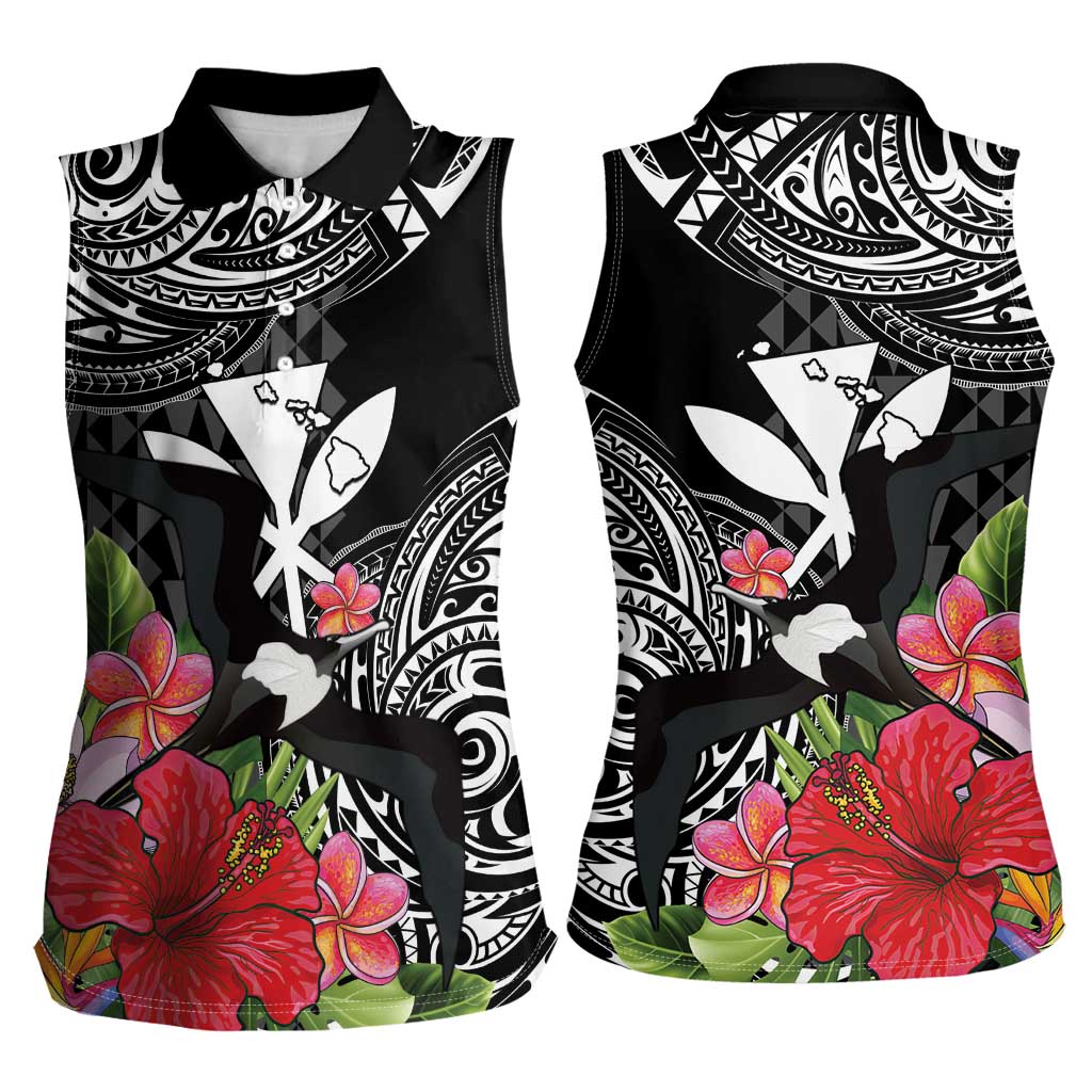 Hawaii Iwa Bird Women Sleeveless Polo Shirt Great Frigatebird Kanaka Tropical Flowers LT14 - Polynesian Pride