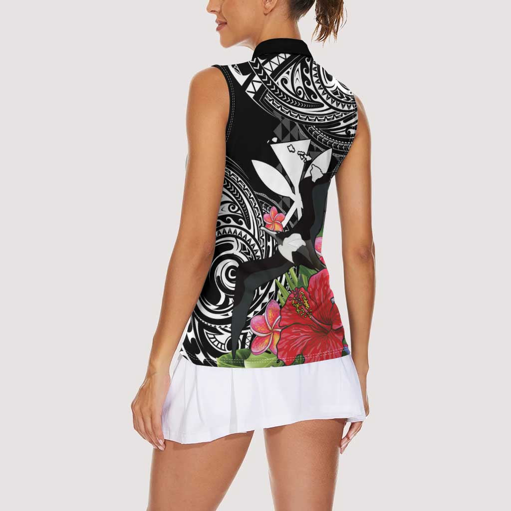 Hawaii Iwa Bird Women Sleeveless Polo Shirt Great Frigatebird Kanaka Tropical Flowers LT14 - Polynesian Pride