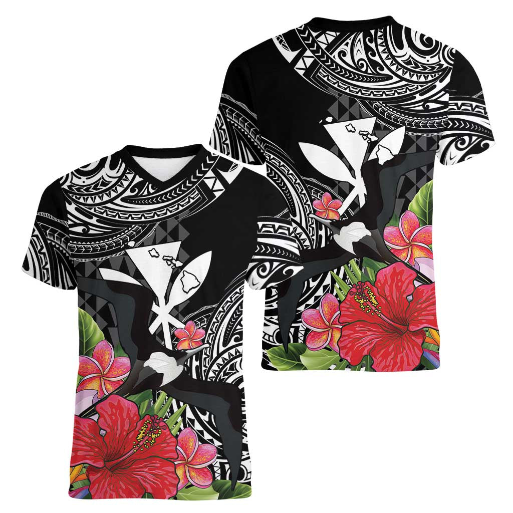 Hawaii Iwa Bird Women V-Neck T-Shirt Great Frigatebird Kanaka Tropical Flowers LT14 - Polynesian Pride