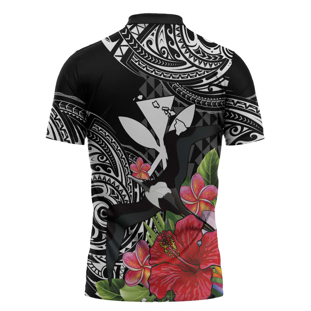 Hawaii Iwa Bird Zipper Polo Shirt Great Frigatebird Kanaka Tropical Flowers - Polynesian Pride