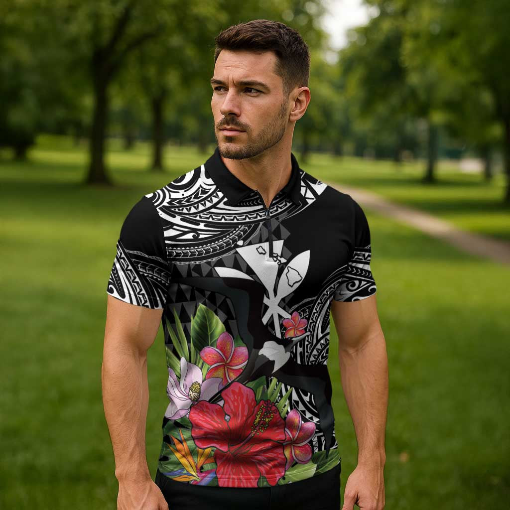 Hawaii Iwa Bird Zipper Polo Shirt Great Frigatebird Kanaka Tropical Flowers - Polynesian Pride