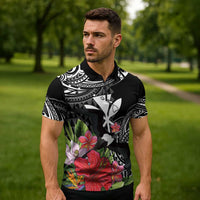Hawaii Iwa Bird Zipper Polo Shirt Great Frigatebird Kanaka Tropical Flowers - Polynesian Pride