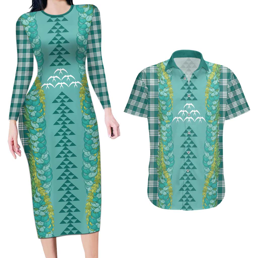 Teal Palaka Hawaii Iwa Bird Couples Matching Long Sleeve Bodycon Dress and Hawaiian Shirt Hawaiian Kakau Jade Vine Lei LT14 Teal - Polynesian Pride