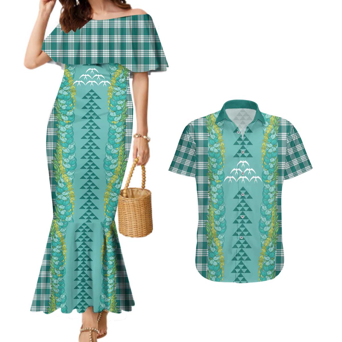 Teal Palaka Hawaii Iwa Bird Couples Matching Mermaid Dress and Hawaiian Shirt Hawaiian Kakau Jade Vine Lei - Polynesian Pride