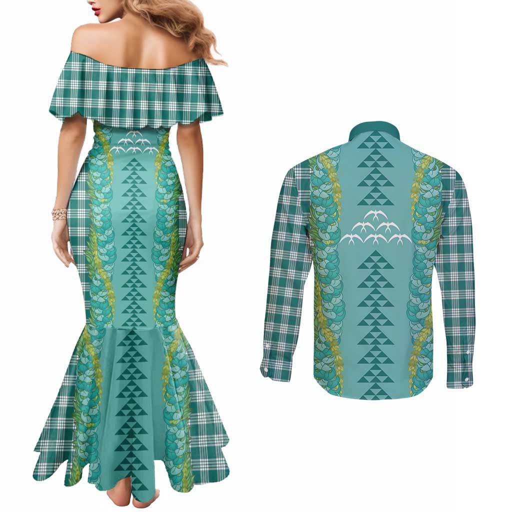 Teal Palaka Hawaii Iwa Bird Couples Matching Mermaid Dress and Long Sleeve Button Shirt Hawaiian Kakau Jade Vine Lei LT14 - Polynesian Pride