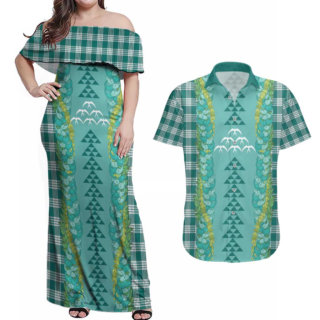 Teal Palaka Hawaii Iwa Bird Couples Matching Off Shoulder Maxi Dress and Hawaiian Shirt Hawaiian Kakau Jade Vine Lei LT14 Teal - Polynesian Pride