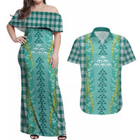 Teal Palaka Hawaii Iwa Bird Couples Matching Off Shoulder Maxi Dress and Hawaiian Shirt Hawaiian Kakau Jade Vine Lei LT14 Teal - Polynesian Pride