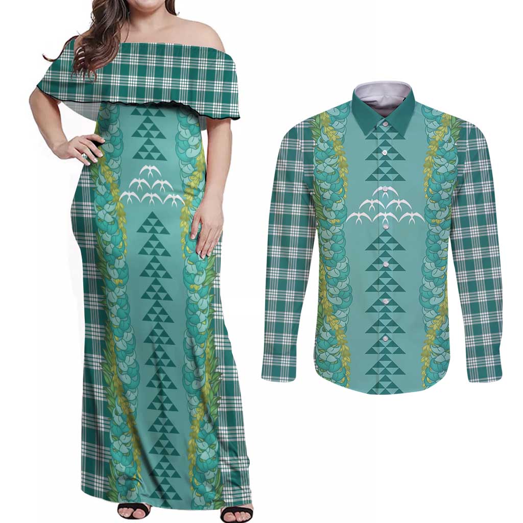 Teal Palaka Hawaii Iwa Bird Couples Matching Off Shoulder Maxi Dress and Long Sleeve Button Shirt Hawaiian Kakau Jade Vine Lei LT14 Teal - Polynesian Pride