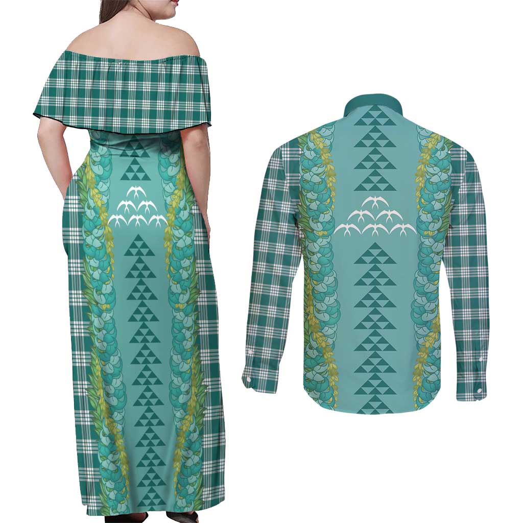 Teal Palaka Hawaii Iwa Bird Couples Matching Off Shoulder Maxi Dress and Long Sleeve Button Shirt Hawaiian Kakau Jade Vine Lei LT14 - Polynesian Pride