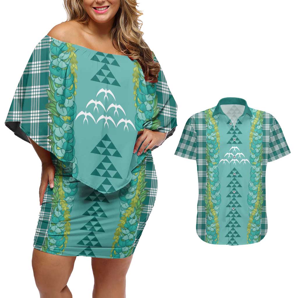 Teal Palaka Hawaii Iwa Bird Couples Matching Off Shoulder Short Dress and Hawaiian Shirt Hawaiian Kakau Jade Vine Lei LT14 Teal - Polynesian Pride