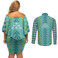 Teal Palaka Hawaii Iwa Bird Couples Matching Off Shoulder Short Dress and Long Sleeve Button Shirt Hawaiian Kakau Jade Vine Lei LT14 - Polynesian Pride