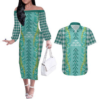 Teal Palaka Hawaii Iwa Bird Couples Matching Off The Shoulder Long Sleeve Dress and Hawaiian Shirt Hawaiian Kakau Jade Vine Lei LT14 Teal - Polynesian Pride